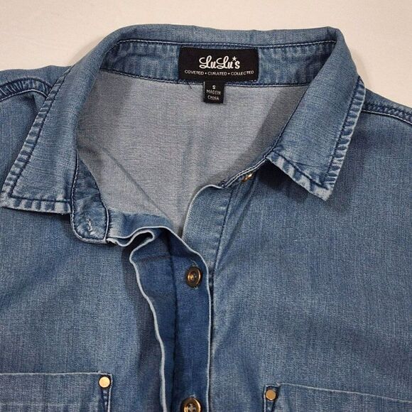 LULUS Blue Chambray - S - Long Sleeve Button Down Dress Tab Sleeves - Picture 6 of 9